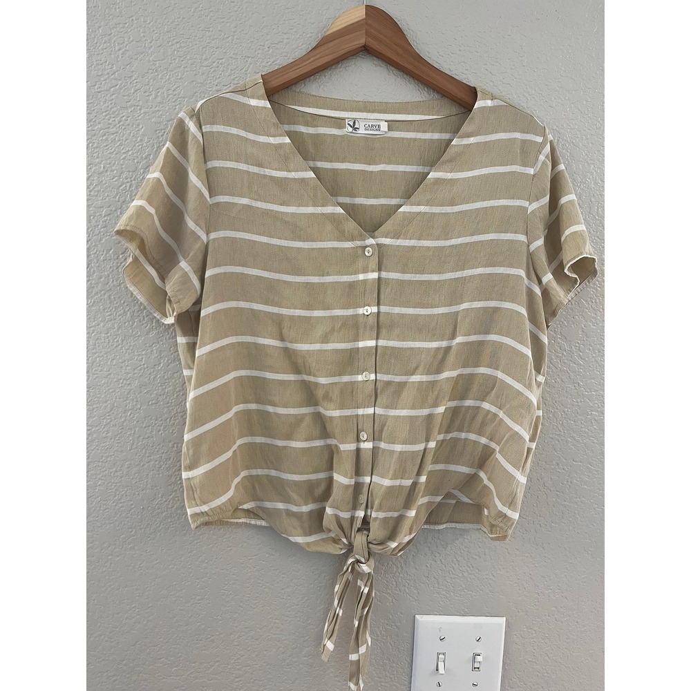 Carve Designs Tan White Striped Tie Front Button Up Short Sleeve Top Small